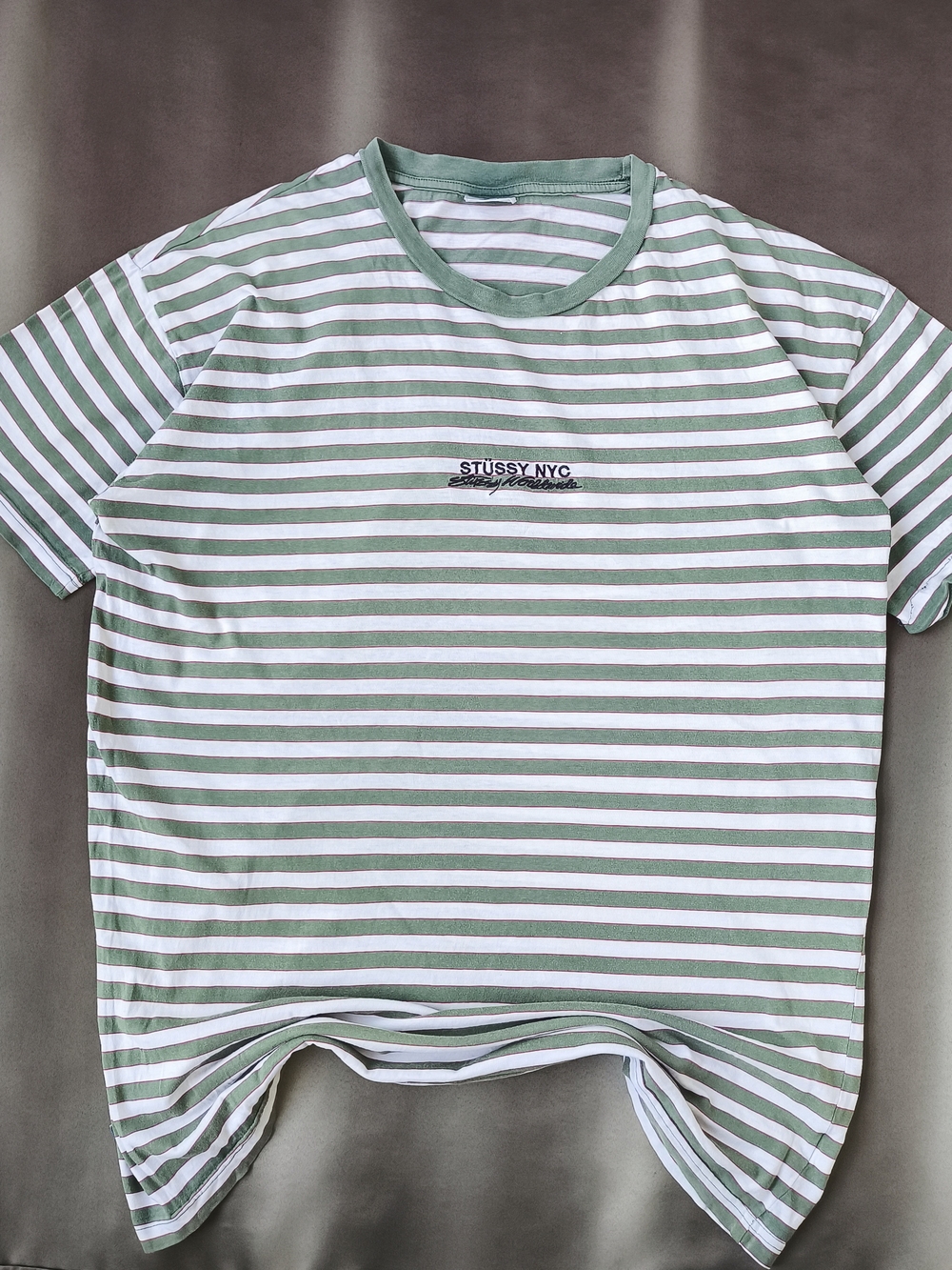 Stussy Vintage Y2K Men's Green & White Striped Tee Size Medium Boxy Repaired*